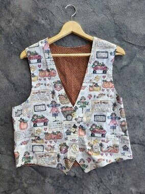 Vintage Handmade Reversible Fall Scarecrow Apple Pumpkin Harvest Vest W/ Authors